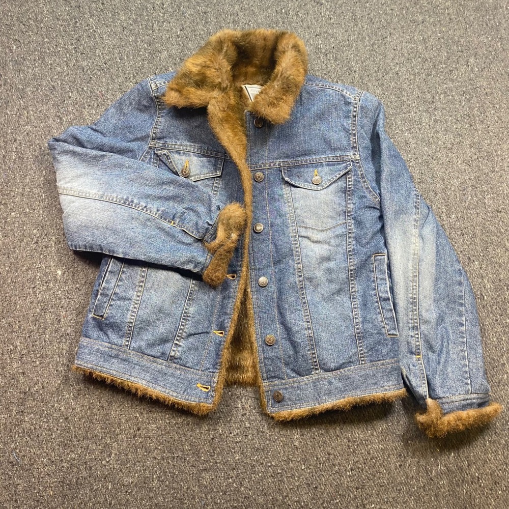 Marvin Richards Denim Jacket Sz S Womens Blue Faux Fur Lined Grunge Y2K Trucker
